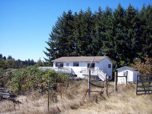 A white home in a field with trees next to it.